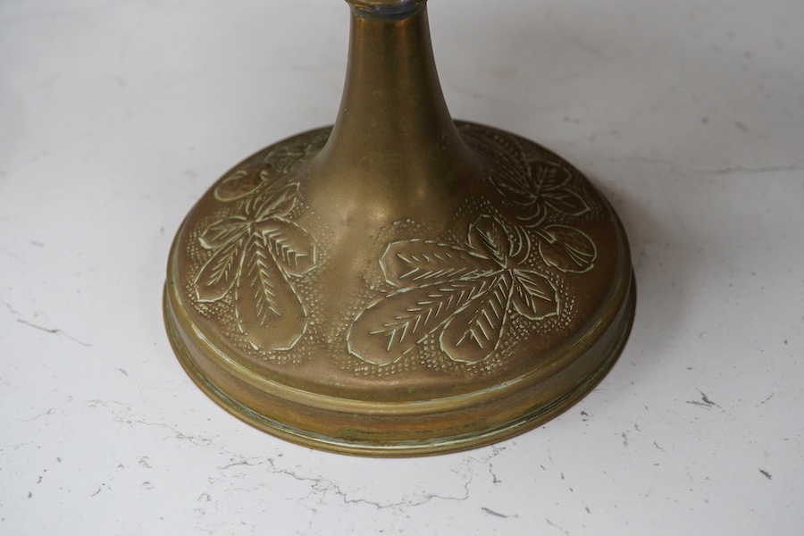 An 20th century continental brass oil lamp with decorative beaded fringed shade, 56cm high. Condition - good